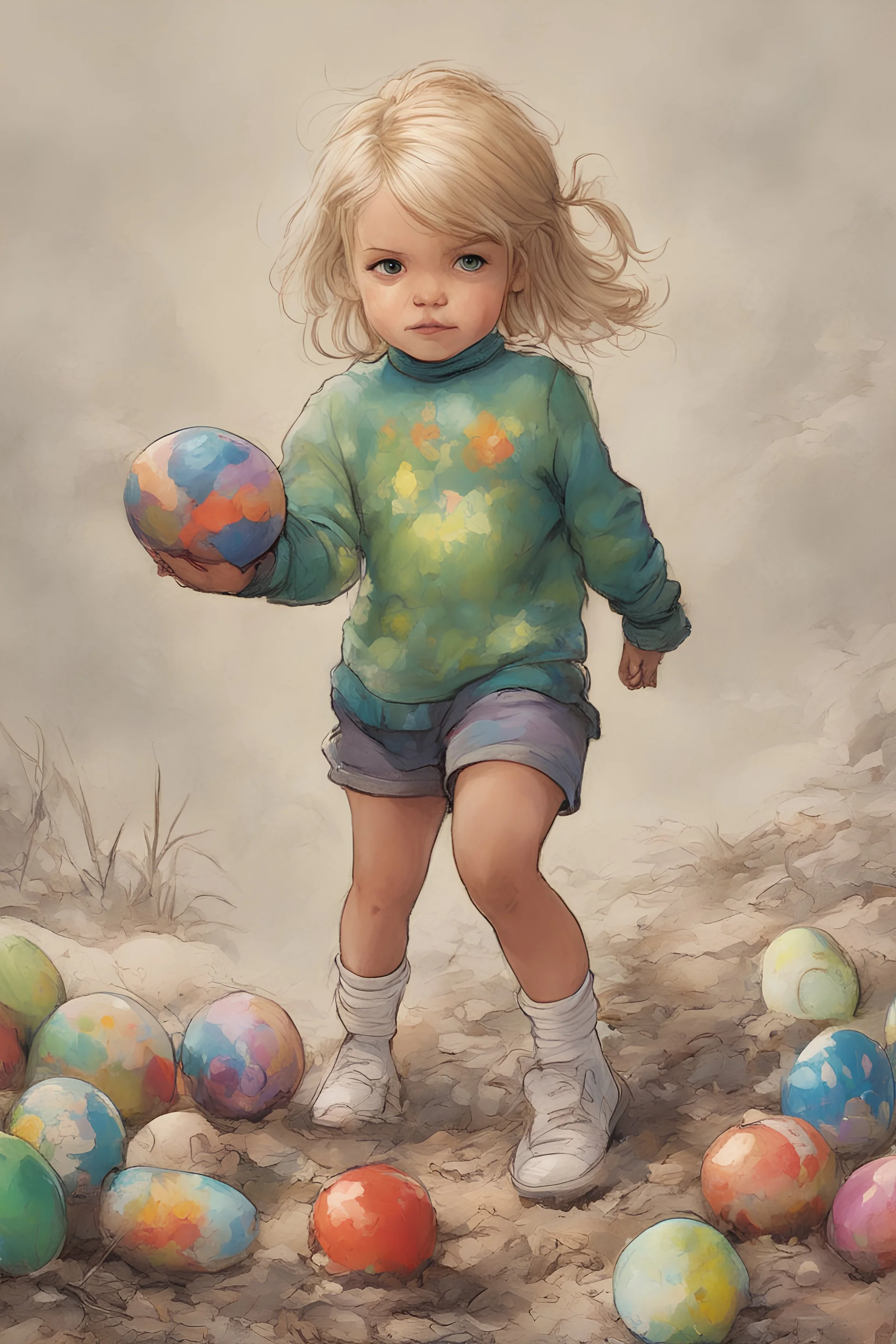 full color - a tiny little blonde girl in shorts and a turtleneck sweater coloring Easter eggs - Science Fantasy art by Aaron Blaise