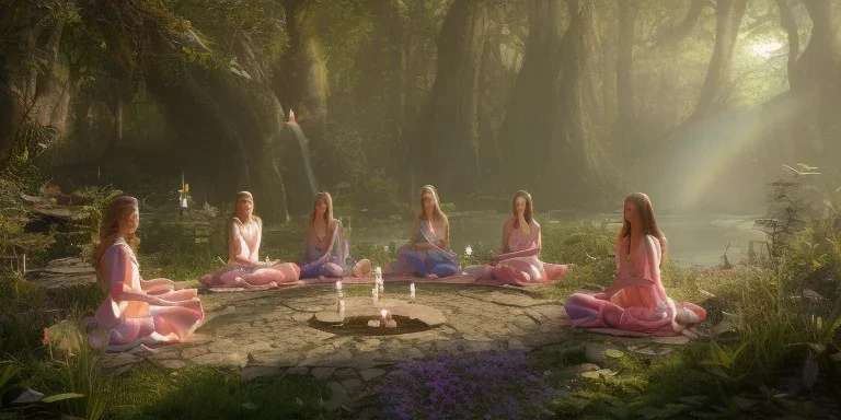 group of beautiful ladies in colour of the rainbow dresses meditating in an enchanted forest with a spring like chalice well, candles in the trees, crystals around, insense burning, super realistic, high detail