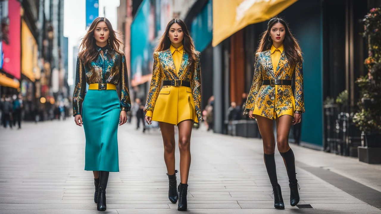 Nikon D850 with AF-S NIKKOR 24-70mm f/2.8E ED VR lens at f/5.6: [Two innovative friendly girls wearing strange, suave, wild, beautiful fashionable clothing] in a [parallel universe], showcasing [full-height figures from head to foot with intricate details], [vibrant colors and deep shadows], creating [a surreal and captivating atmosphere with precise textures and anatomy]. focus peaking enabled, Nikon Picture Control with enhanced color grading.