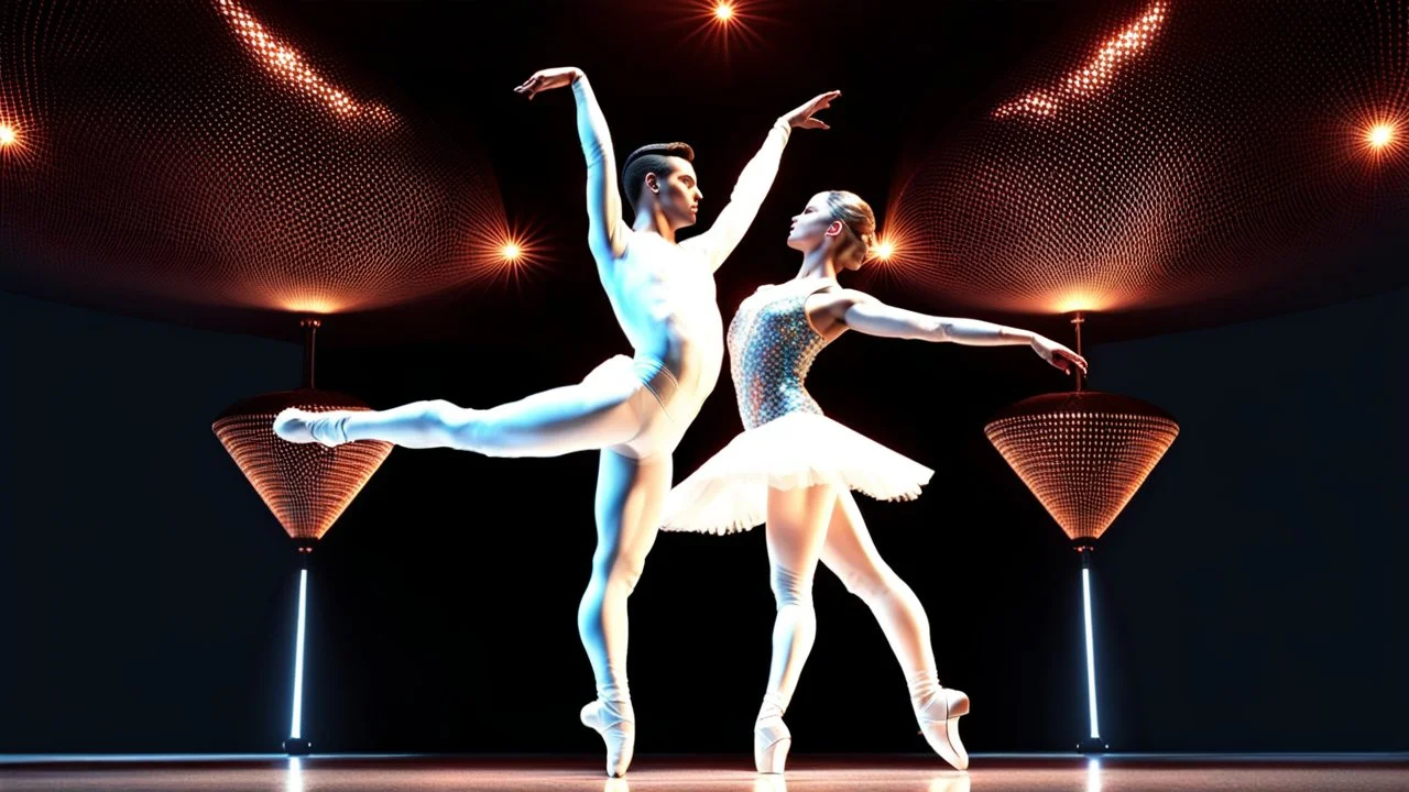 a recursive 3d fractal mocap graphic balerina couple in stage with disco lights