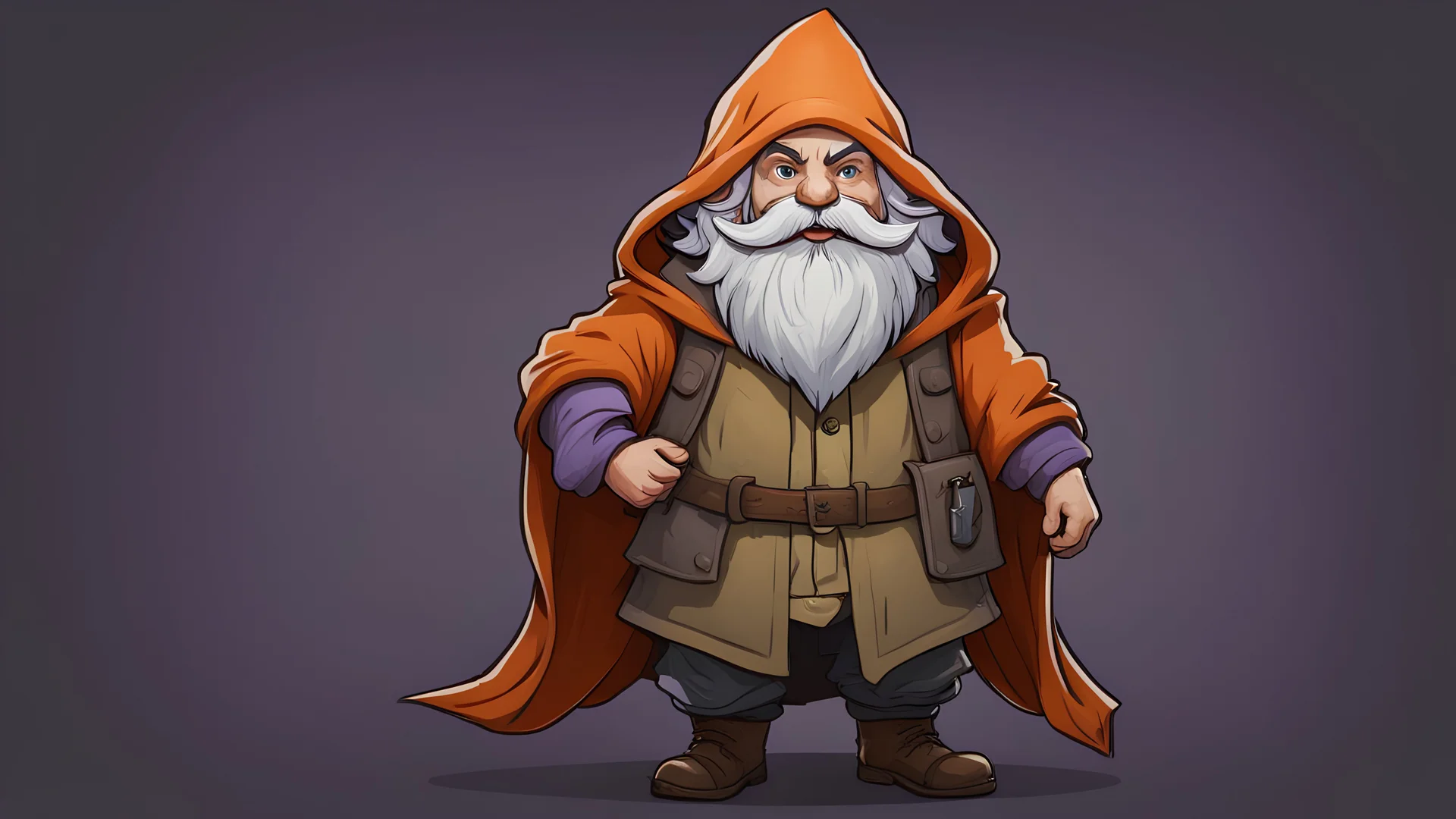 A gnome with a slightly gray skin color, draw him with a medium sized beard and a long mustache, both the beard and mustache should be lavender in color, he should be wearing a slightly faded orange overcoat , an olive green hooded cape and a hunter's boot. As a background, use a slightly dark cave background . Dungeons and Dragons style, role-playing game, World of Warcraft, Lord of the Rings, Gandalf.