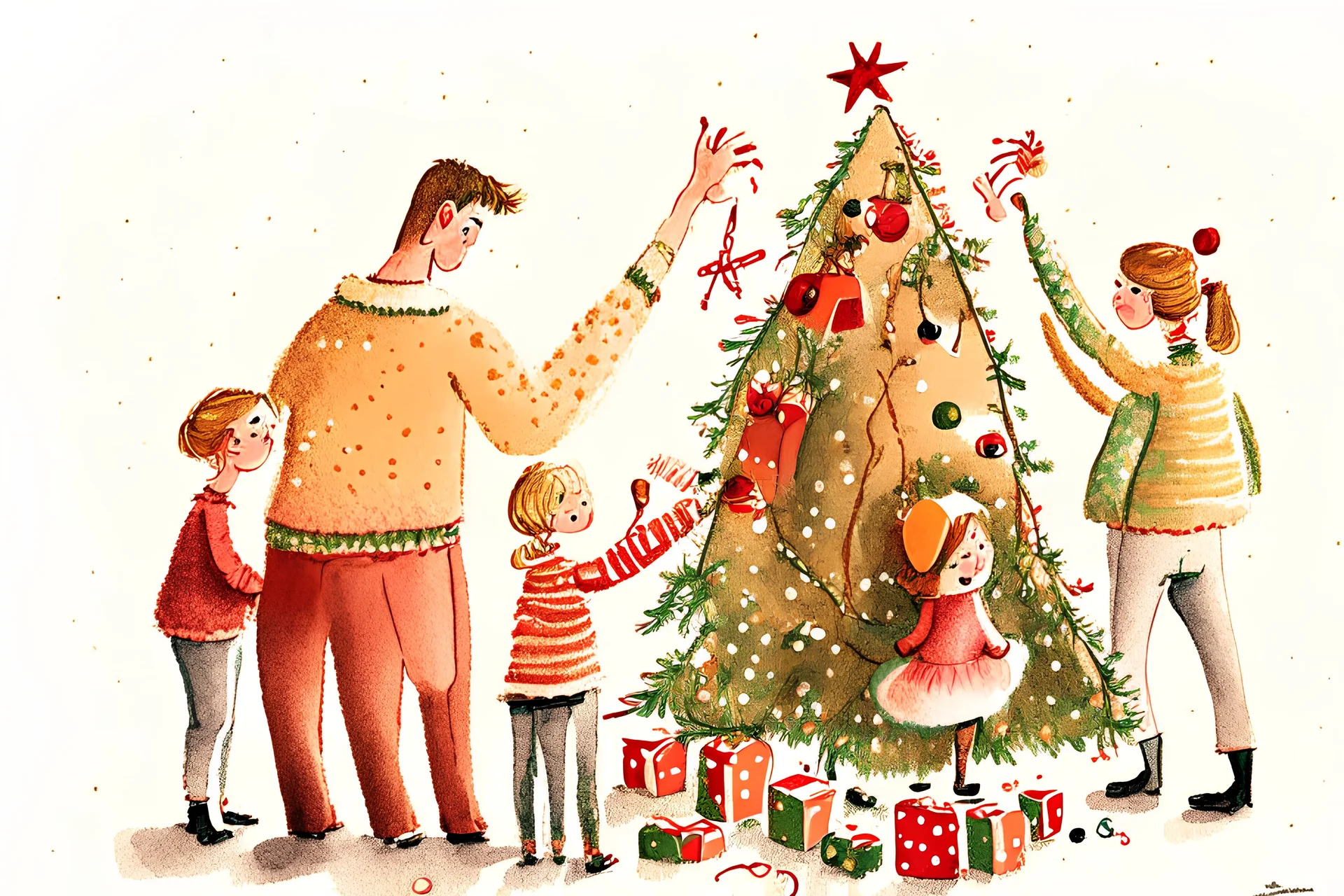 Christmas illustration, whimsical, detailed, warm colors, grainy texture, subject: decorating the christmas tree with a family, white background