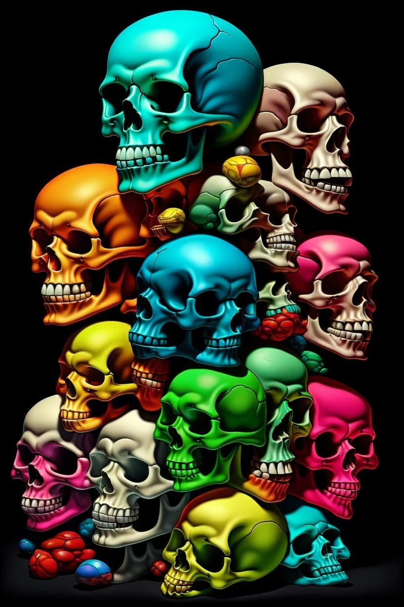 a stack of 1000 nearly anatomically correct cartoonish skulls, vivid colors, dark comedy, well lit, high detail,