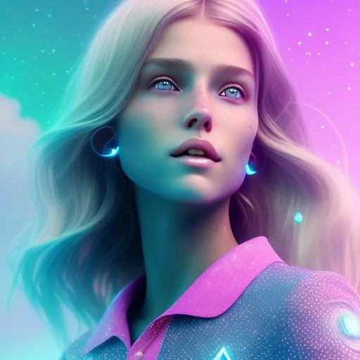  beautiful girl, smiling, longsand blonds hairs,blue eyes atmospheric, realistic, octane render,, pink turquoise light and stars