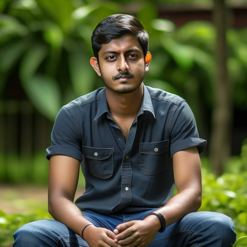 an 24 year old indian man, oval face, light skin, wearing shirt and jeans, sitting in a garden, peaceful, front face portrait, short hair, muscular and fit, handsome