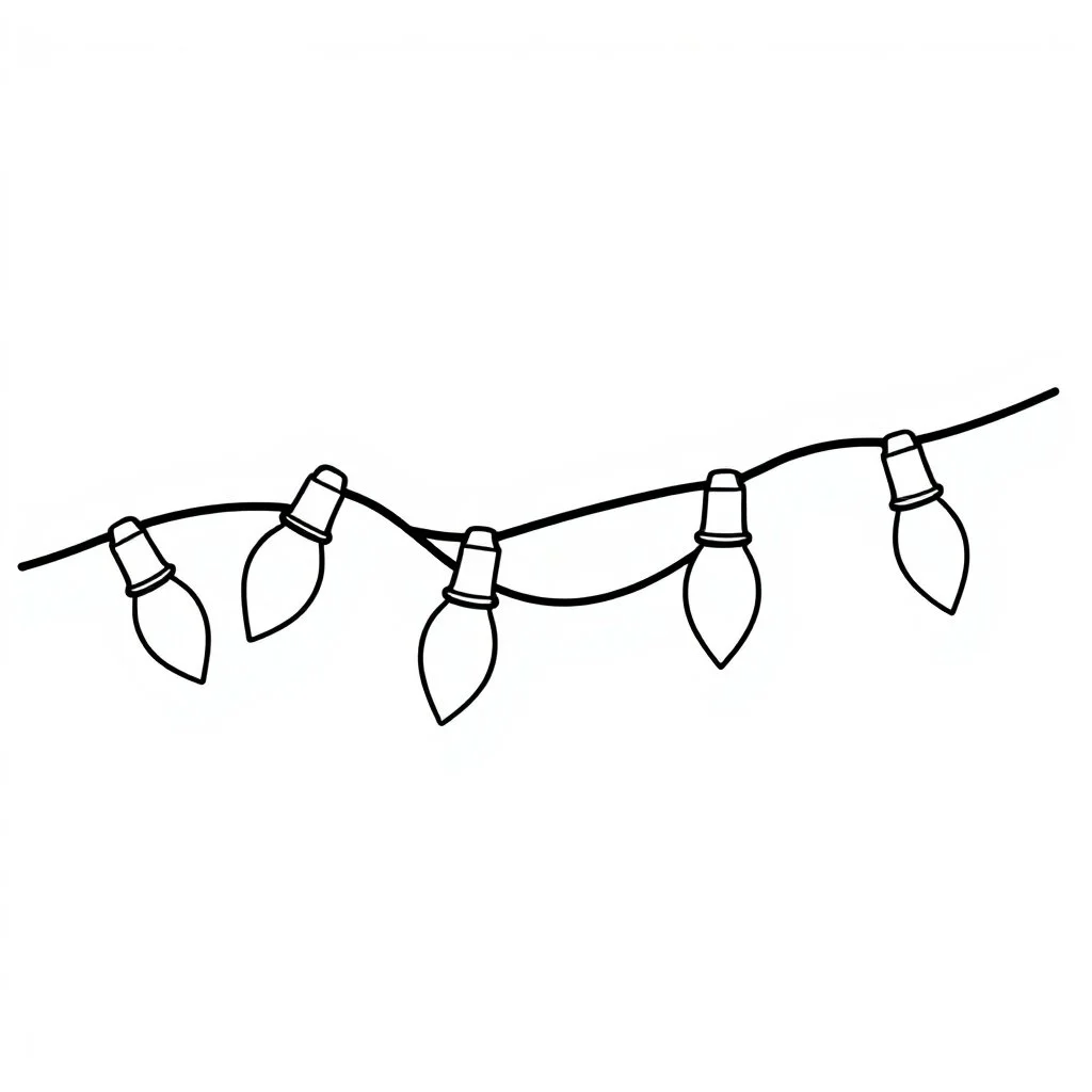 A black and white cute drawing of an Christmas lights. Only outline, white background,for kids. The illustration should be in [SUPER SIMPLE], black and white, bold line art with a clear, mostly empty background. [INCLUDES ONLY OUTLINES WITH NO FILLED IN BLACK AREAS], ensuring no shading, no complex images, and making it very easy to color in between the lines.