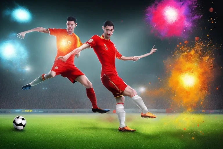 Oil painting, full body of a soccer player, he is kicking the ball, the ball is flying, bright but not neon colours, dynamic lines, dynamic blobs, spots, lines in the background of the character, splash like a colour explosion