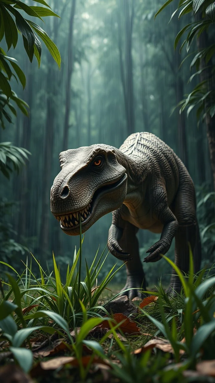 A dinosaur eating grass from the ground in a dramatic scene in a dense forest with A FIR BRUNCH under the rain. The background should feature raindrops falling around the leaves.