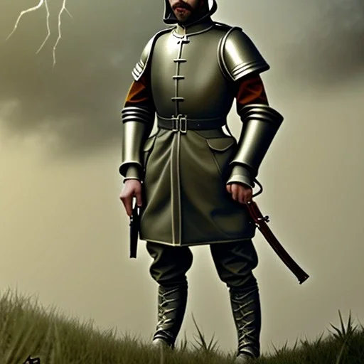 ww1, Christina, medieval iron armor, trench coat, no mans land, lone Knight, Rifle, Male, Brutal style, Full body, Grim face, Beared, Blue eyes, Tan skin,