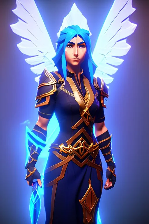 a person in runic armor with blue wings, blue short hair, runic tattoo and spell book