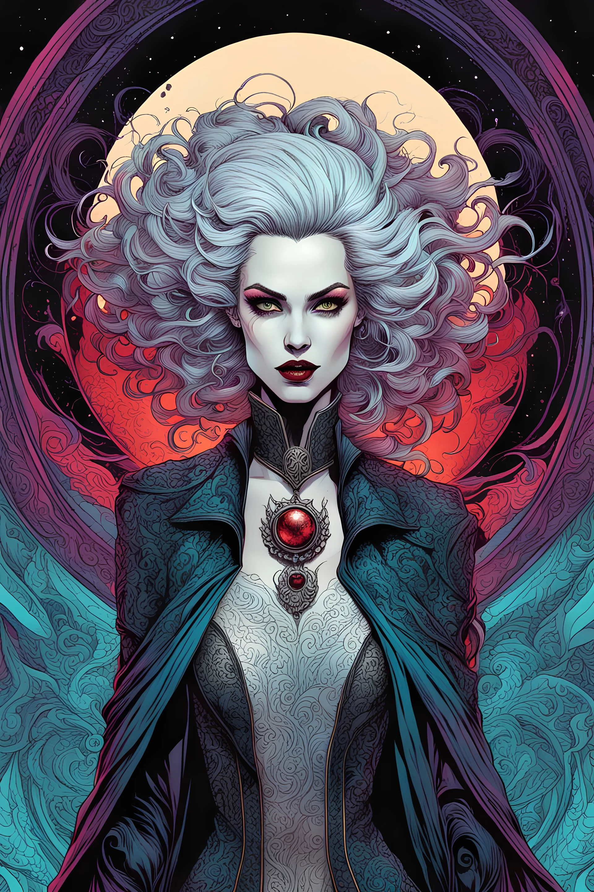 full color full body illustration of a surreal, ethereal, futuristic female vampire time traveler, with highly detailed hair and facial features in the style of Sveta Dorosheva and Travis Charest, detailed and sharply defined line work and inking, vibrant natural color palette, 4k, on an ornate abstract background