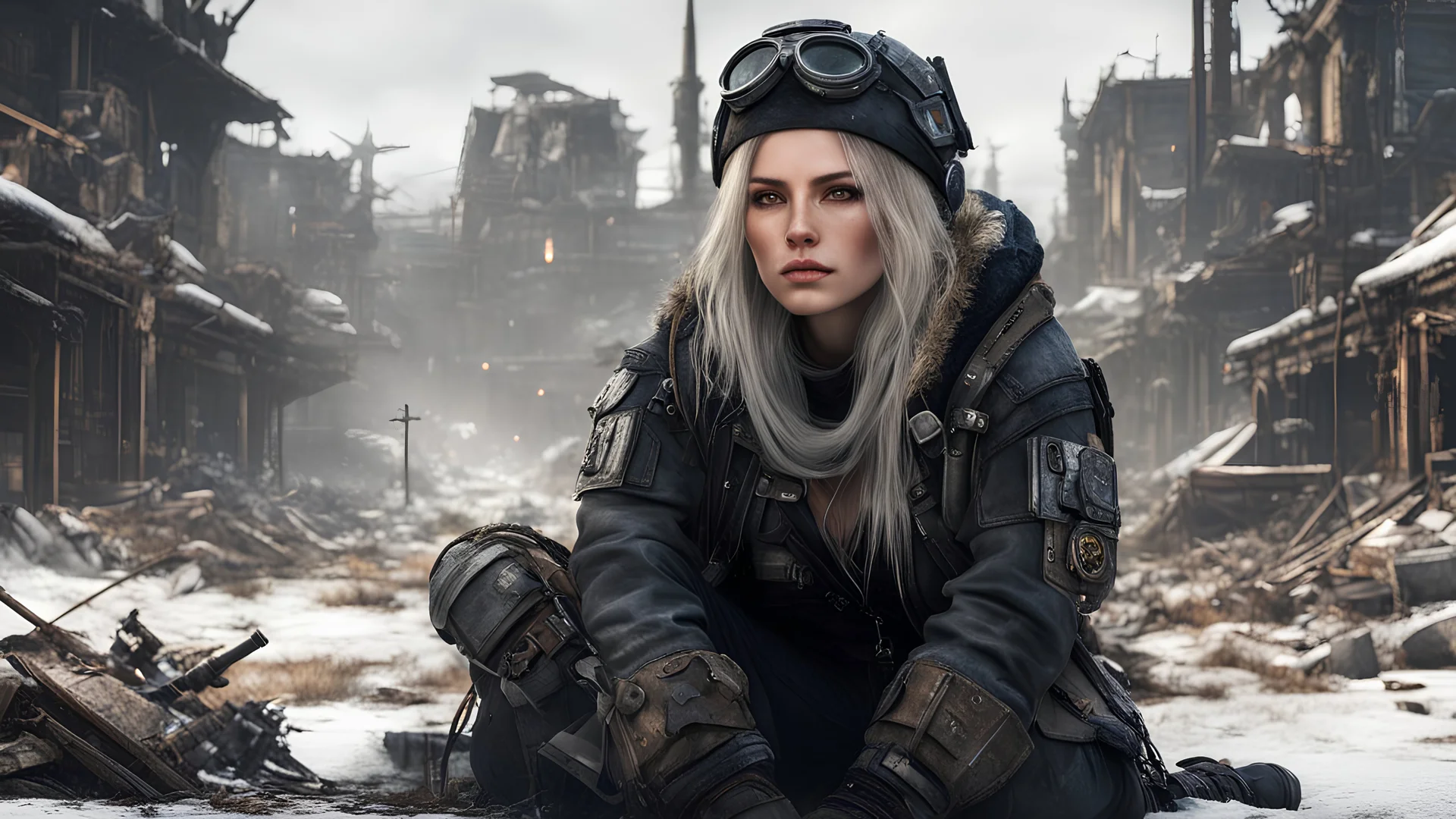 winter, portrait (28 year (1woman)), in (post-apocalyptic:1.1) style, in black desert, face in the center, (sitting:1.1), (medium full shot), ultra details, perfect composition, super detailed, high detail, cinematic composition, post-apocalyptic, atompunk, hyperrealism, (ruined city) in the background