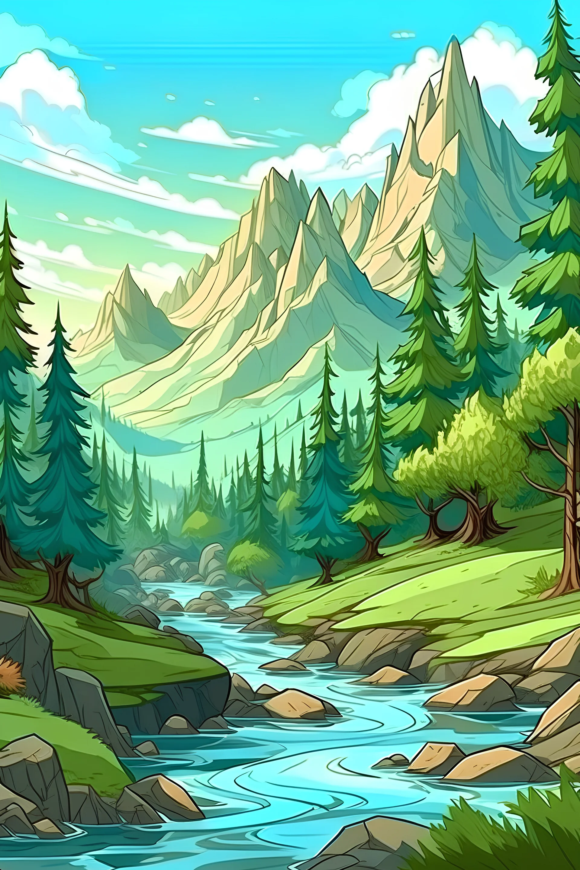 design, painting of a mountain with trees and water, a detailed painting, environmental art, detailed painting, outlined art, 2d game art