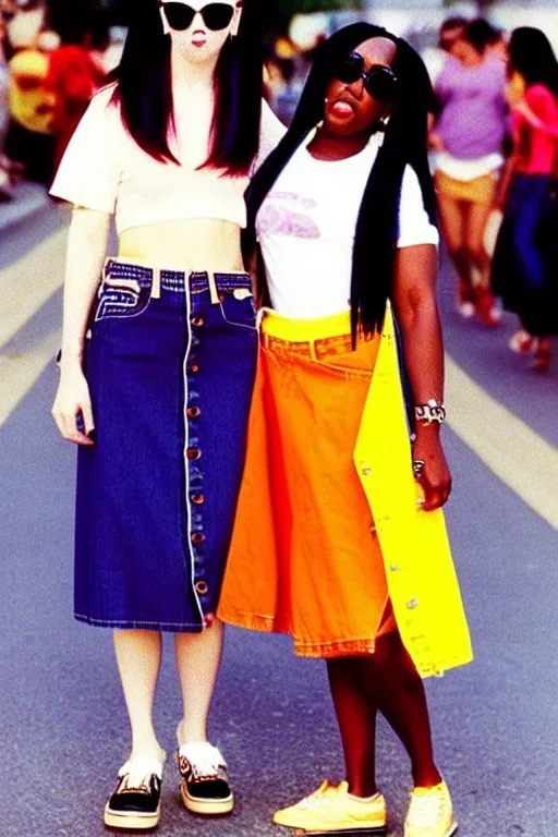 year 1996 denim fashion. Loose skirt, low waist. Colors: denim blue, blue, purple, cream, khaki, light green, lilac, plum, orange, terracotta, red, light yellow, lion yellow, pink, dark blue, beige. Gwen Stephani, Missy Elliot, Shirley Manson.