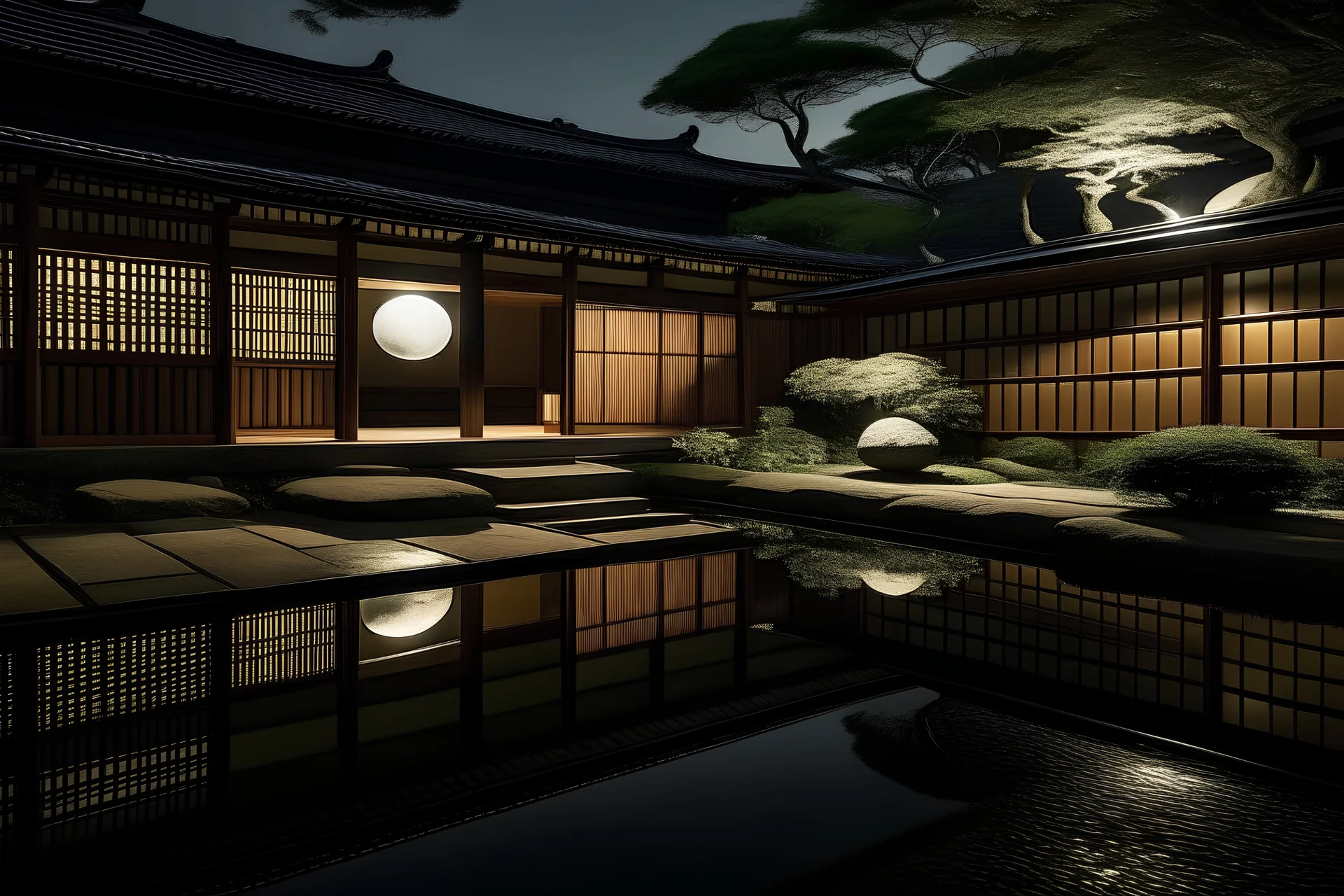 moonlit reflection at a zen Japanese ryokan