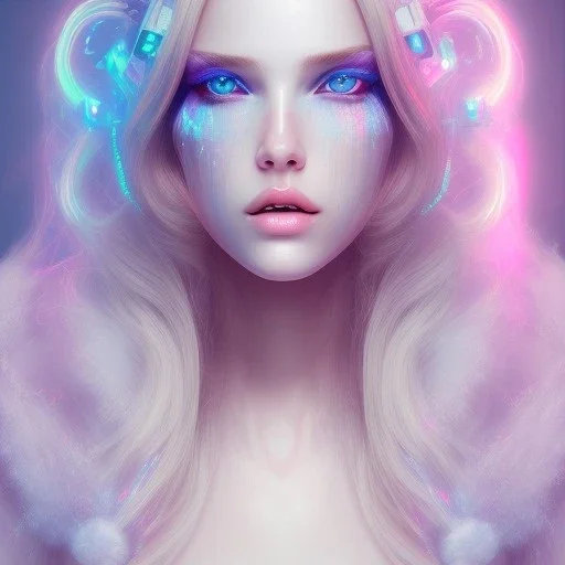 A beautiful portrait of a cute cyberpunk woman long blond hair, pink lips, blue eyes, high key lighting, volumetric light high details with luminous blue and white stripes and feathers