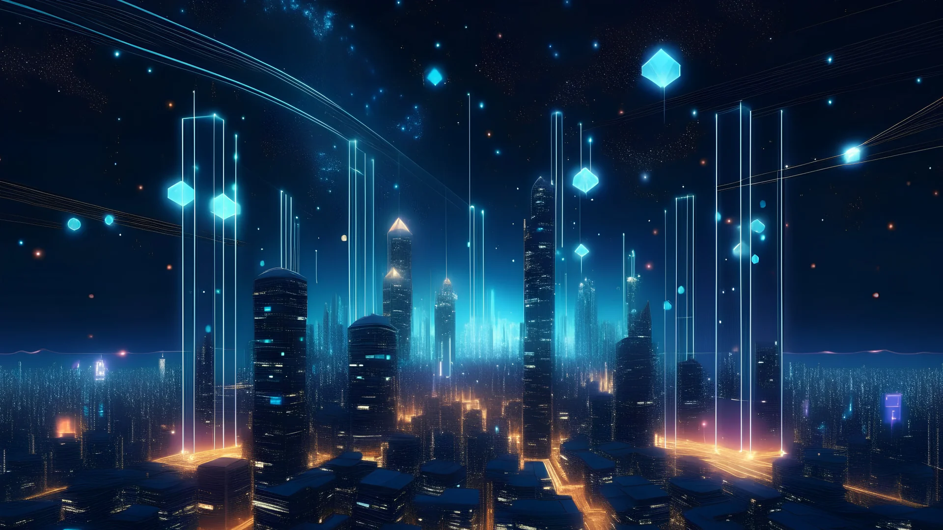 Imagine a night-time scene of a futuristic cityscape, where skyscrapers are interconnected with glowing, digital blockchain links. In the sky above, holographic symbols of various cryptocurrencies (like Bitcoin, Ethereum, and Ripple) float majestically. The city thrives under a sky filled with stars, symbolizing a future where blockchain technology powers every aspect of life, from finance to daily utilities.