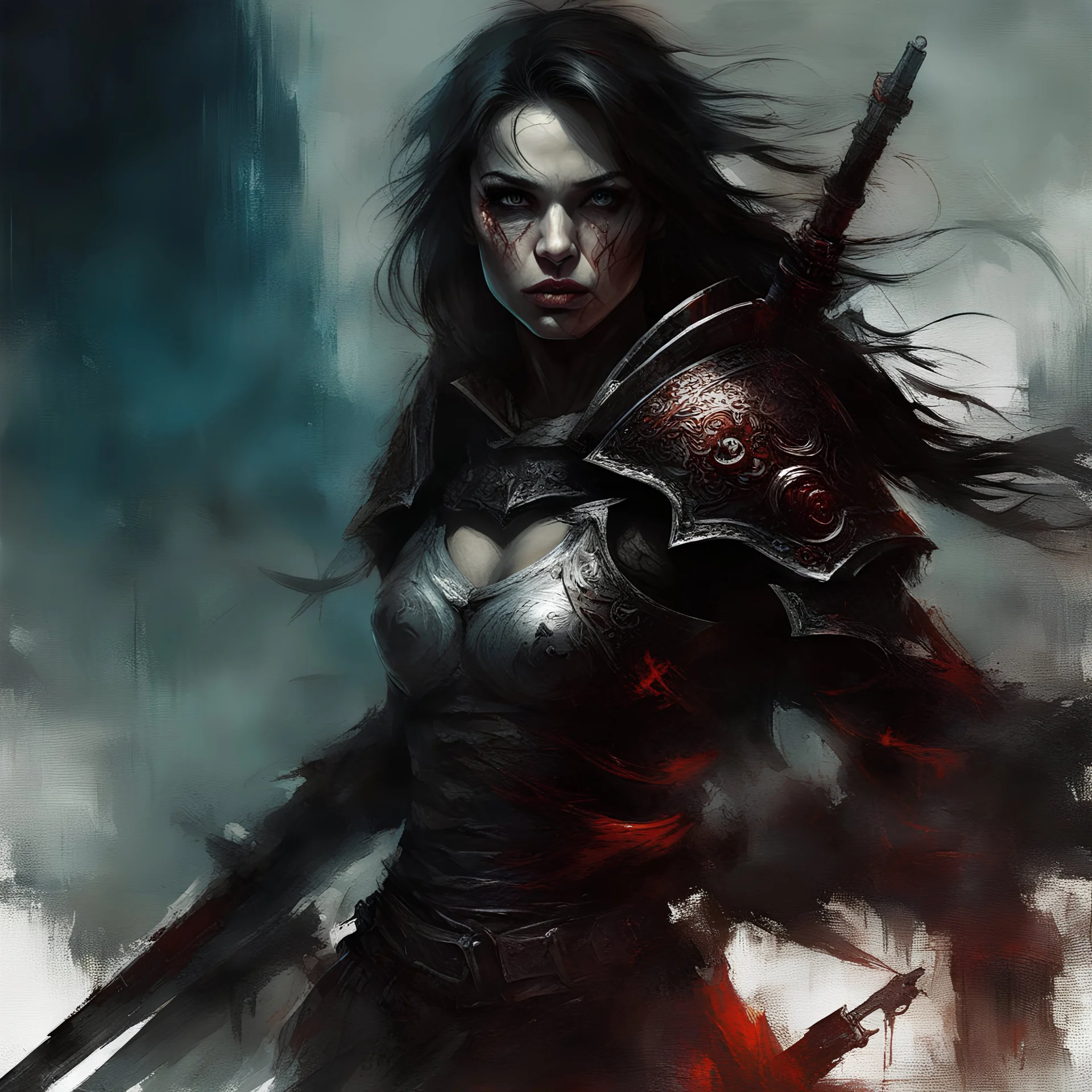 A harsh warrior girl against the background of a great battle, horror and fear, death and suffering, cold colors, oil, Raymond Swanland