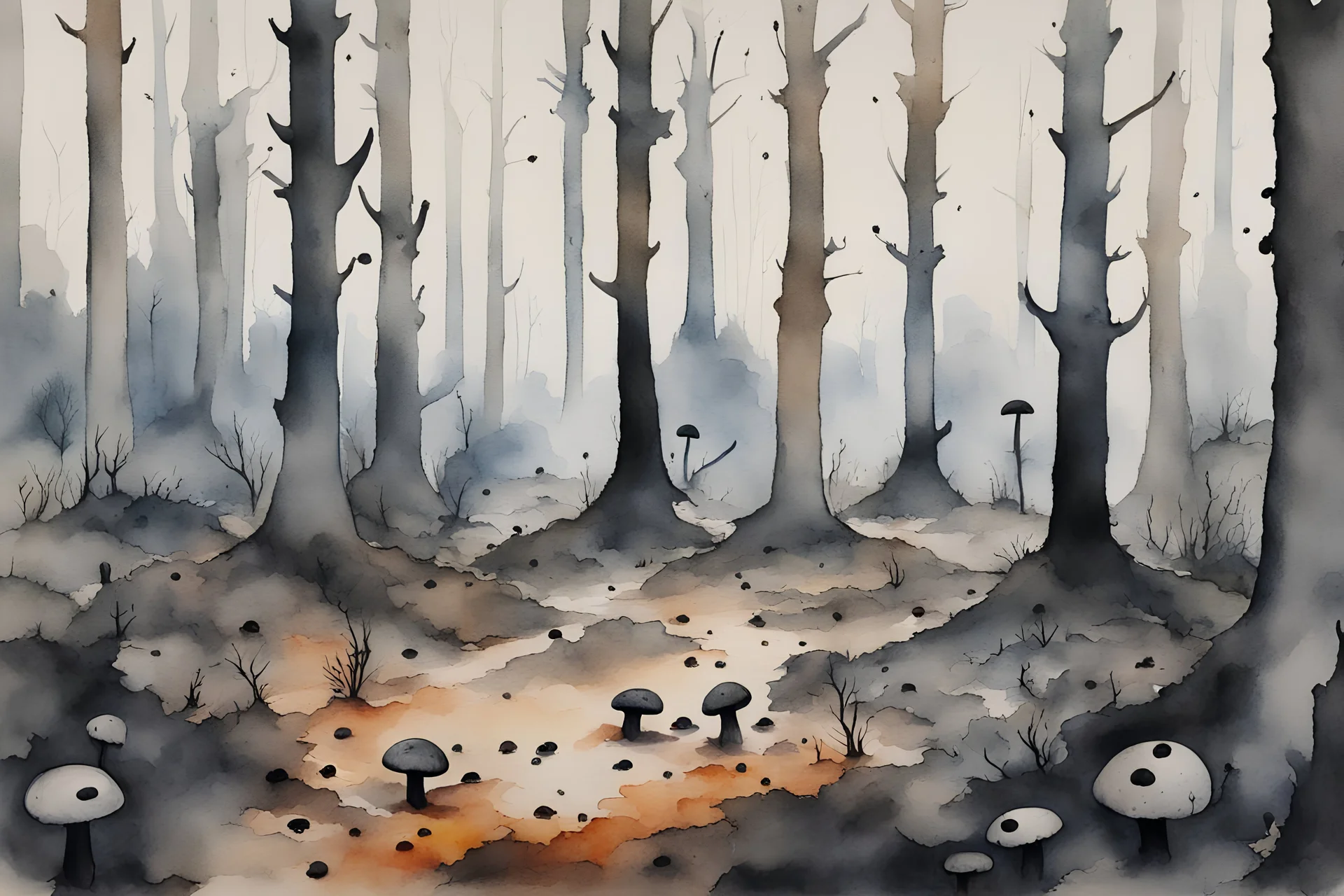 watercolor painting of a bright primeval forest with a burned and blacked patch in the middle with a small cluster of black mushrooms growing in the ashes.