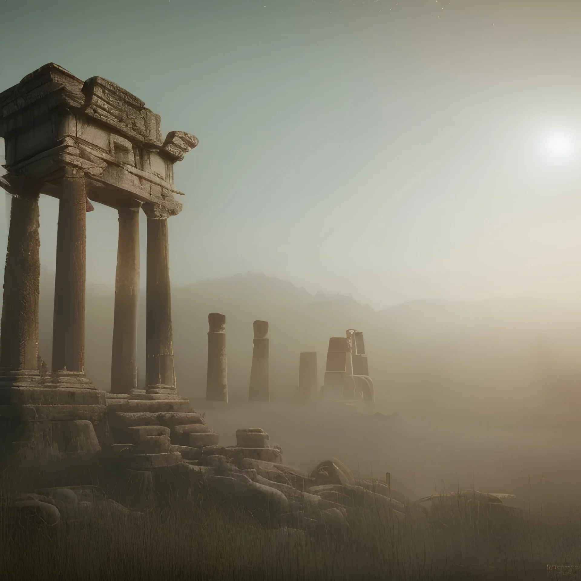 ancient ruins fog bright colors spotlights UFO night