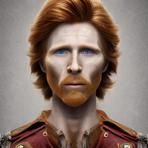 Portrait of Courtney Gains as a ruggedly handsome, joyful, roguish pirate, charismatic, attractive male, masculine, perfect teeth, precisely detailed clear eyes, softly freckled face, unblemished, flawless skin; meticulously detailed multi-hued ginger carrot colored cherry fire red hair; fantasy, intricate, elegant, highly detailed, digital painting, concept art, matte, sharp focus, illustration, art by artgerm and greg rutkowski and alphonse mucha