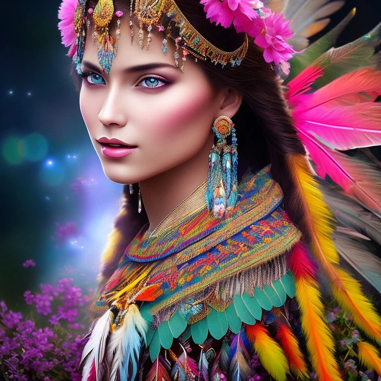 bright native american fairy, beautiful portrait, flowery landscape