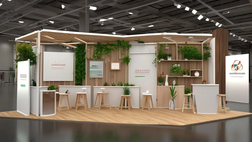 Corner exhibition stand in light colors with wood elements and greenery with two meeting areas