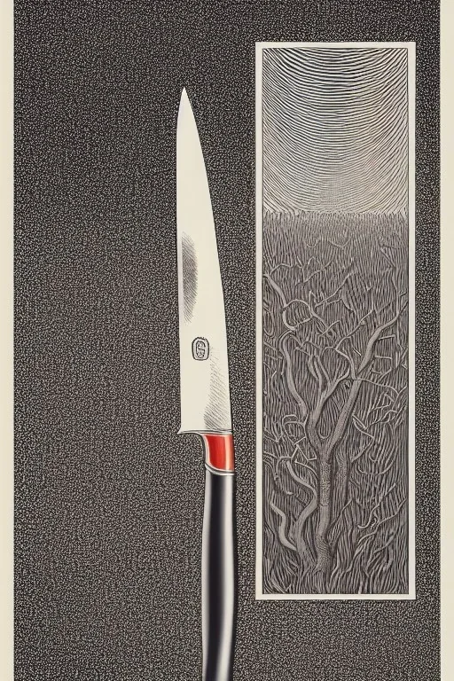 a vibrant ultraclear illustration of a japanese knife by rene magritte and laurie greasley, etching by gustave dore, colorful flat surreal, ethereal, intricate, sharp focus, illustration, highly detailed, digital painting, concept art, masterpiece