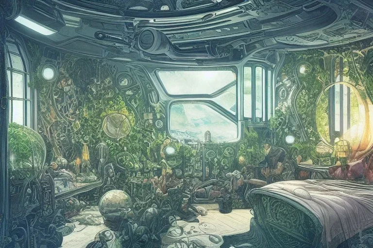 interior of a bedroom on a spaceship, in the background is large window showing a view of outer space, lush plants are spread around the room, intricate, elegant, highly detailed, smooth, sharp focus, detailed, high contrast, graphic novel, art by ardian syaf