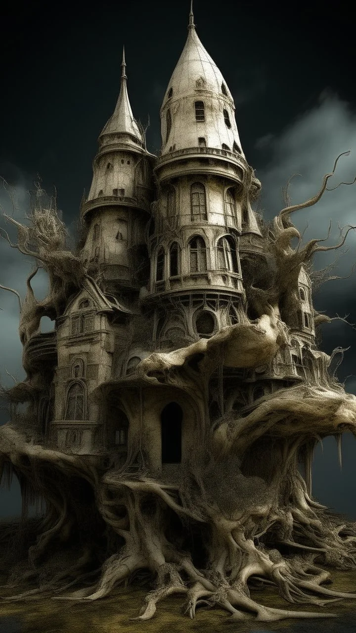 surrealis monochrome A fragmented, surreal sculpture liguid color of photorealistic image 3d,psychedelic art of an castle glossy emerging from dreamlike a crumbling building surrounded by The faces appears pale with deep cracks and intricate details, evoking a haunting expression. Blackened tree branches intertwine with the gold mengkilat cracks, set against a backdrop of stormy, cloud-filled skies. bauhaus art The overall tone is dark and moody, suggesting themes of decay and transformation.