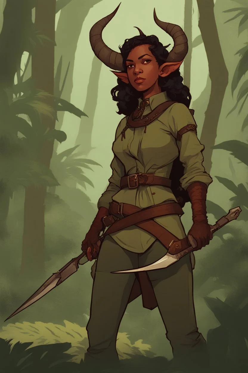 A DnD character. A female horned Tiefling ranger with pointy ears standing in a jungle. The Tiefling has a little pterosaurs on her shoulder and a rapier in her hand.