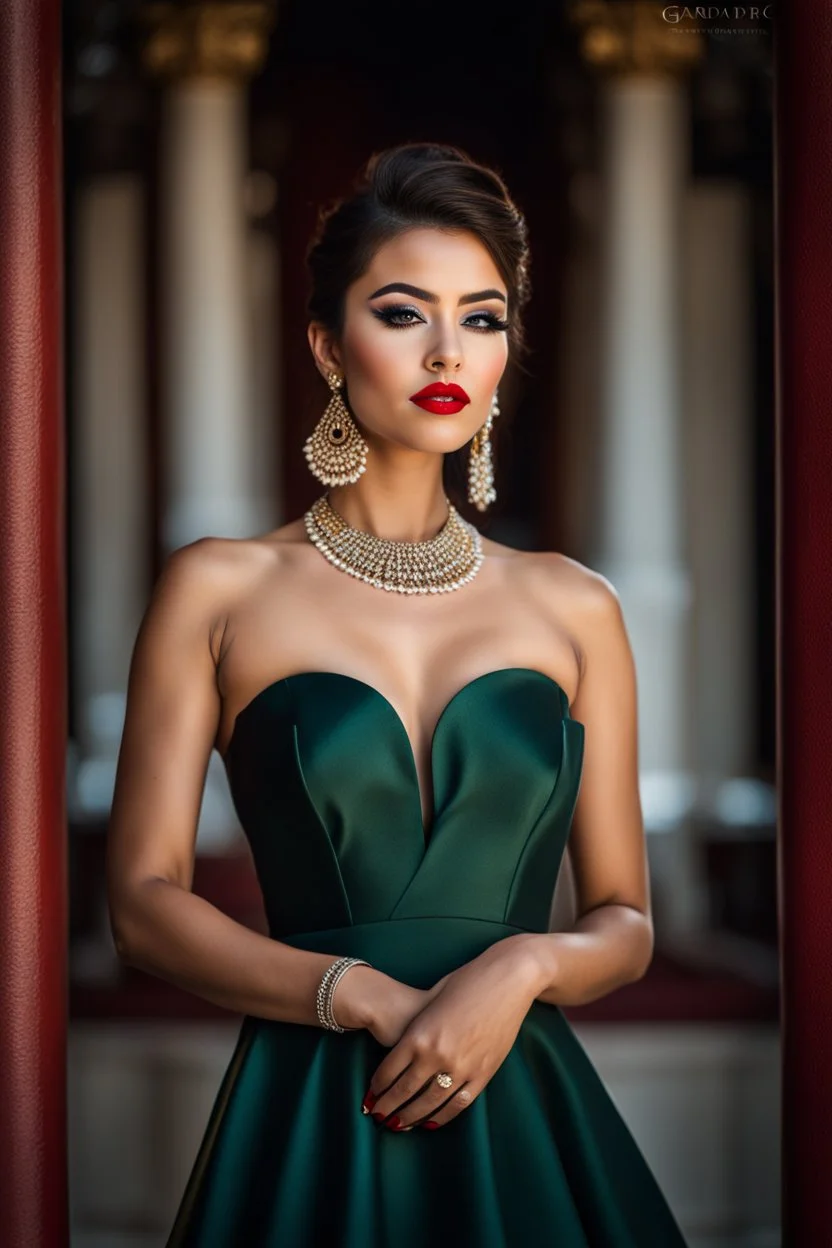 full length, young woman Portrait, detailed eyes, with spectacular red lips, Eyeliner "beautiful eye" with clear eyebrows, dress with a narrow waist, modest jewelry with subtle eyeliner, centered, symmetry, intricate, volumetric lighting, beautiful, rich deep colors masterpiece, sharp focus, ultra detailed, 8K, dslr, no crop, grand ballroom background, normal eyes