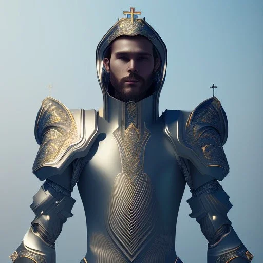 A handsome npc standing in front of a church, futuristic design, a paradise in background, close-up face, geometric armor, female face, 3d unreal engine