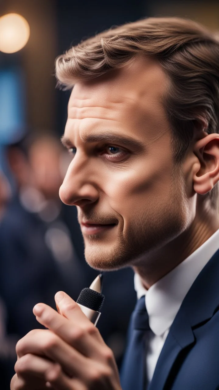 Macron putting on make up in studio,bokeh like f/0.8, tilt-shift lens 8k, high detail, smooth render, down-light, unreal engine, prize winning