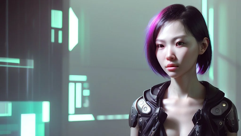 4k, hyper-realistic, Ultra-HD, Ray-tracing, cyberpunk, cybernetics, Asian, Female, short