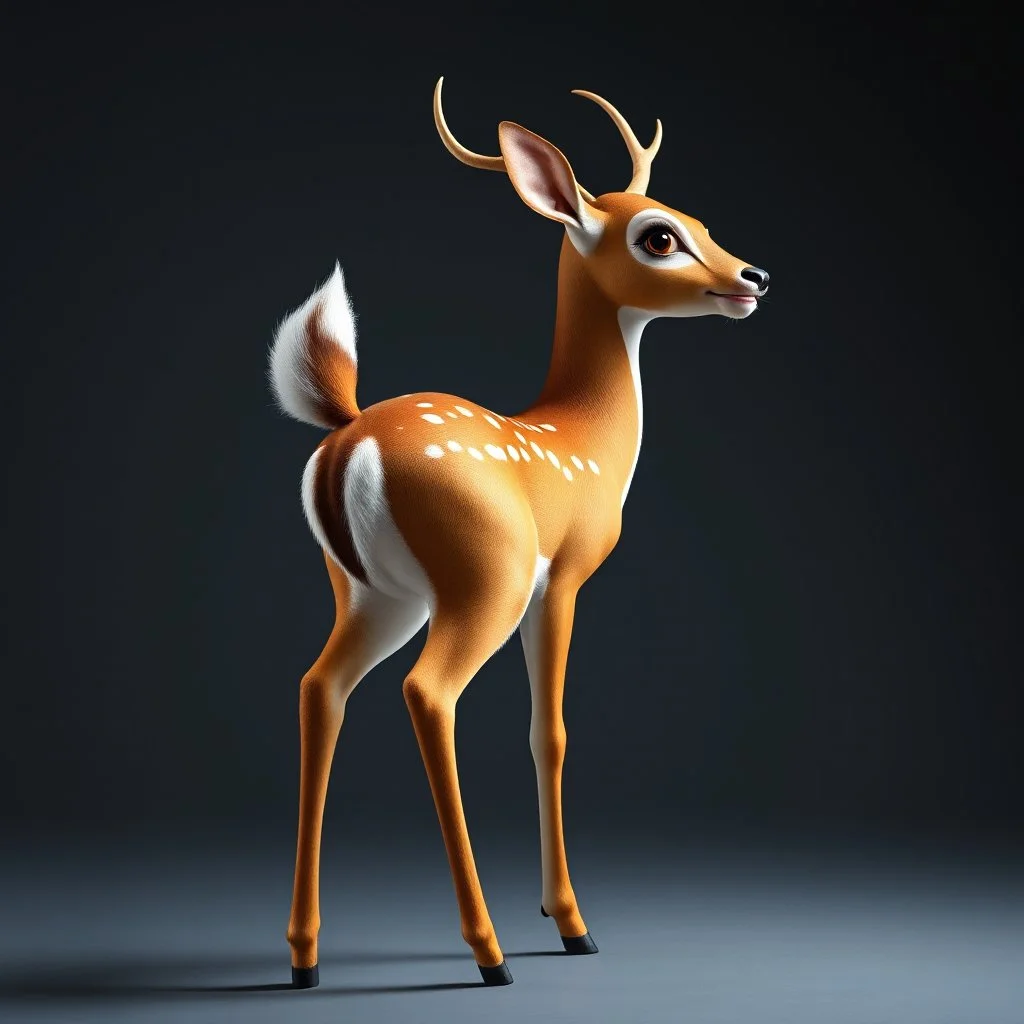 full body of an adult bald white tail deer, sultry, seductive, standing with a front leg lifted. with big smile, looking back, and big eyes looking back , tail upward, on flat background, in the style of 'My Little Pony' and Bambi, fantastic lighting