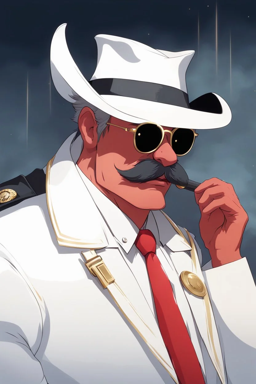 An old male crimson red demon wearing a white and gold police comisioner outfit, he is also wearing glasses, he has a white scruffy mustache, and a small black fedora.