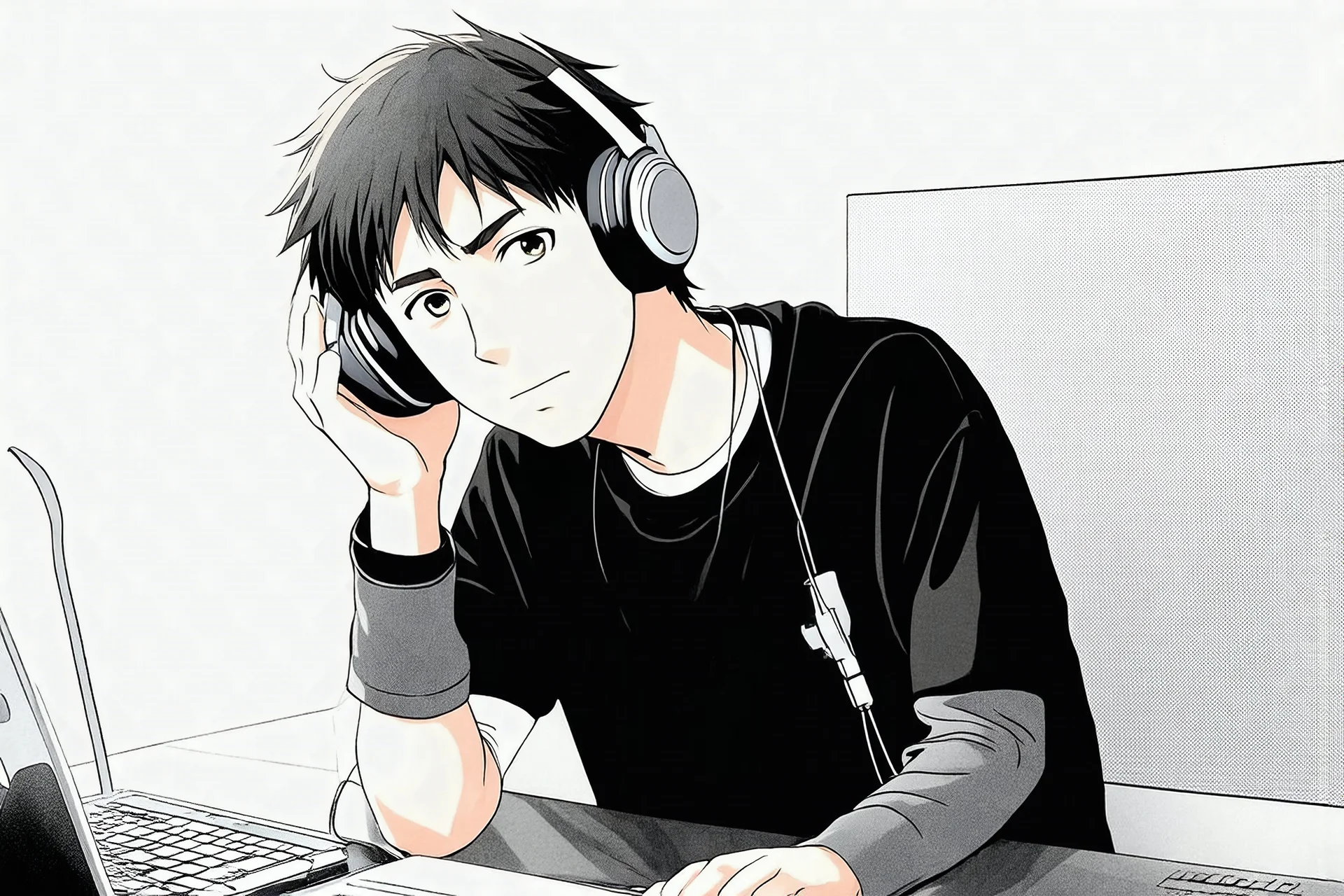 Manga young man listening to music