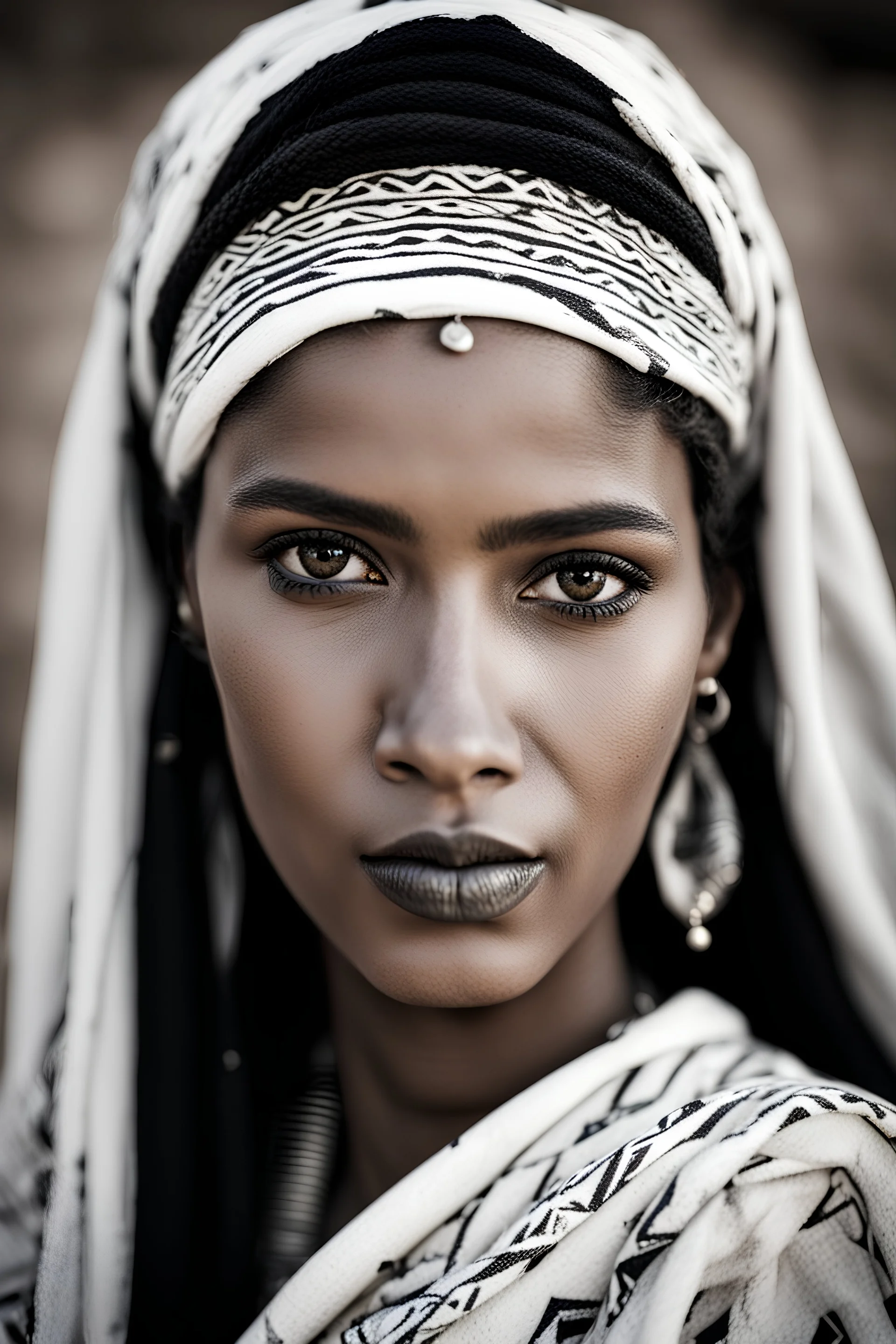 Portrait of a beautiful amazigh woman with black white skin, and innocent features