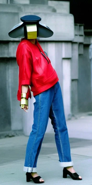 Asian, modern, beautiful woman, street, thick thigh, thick calves. Style futurism, 1996, daft punk, rough street style, Gamjan style.Mantle is sewed of recycled Denim and sewed together red felt pieces.Big headphones, with gold rings, is merged with small felt cap with small visor. A bag is integrated to the mantle. Big camouflage Patterns are composed of orange, cream, blue, lilac and purple. blue latex. asa akira. It is with big bright purple felt tippet and cream-colored-hood. tippet