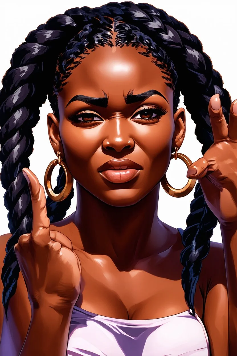 A vibrant digital illustration of a Caribbean woman with a confident expression. She is making a gesture by rolling her eyes and a raised brow. highly detailed two large braids . Her large hoop earrings are clearly visible, adding to the bold and expressive character of the artwork. with soft lighting accentuating the details of her face.", ink wash
