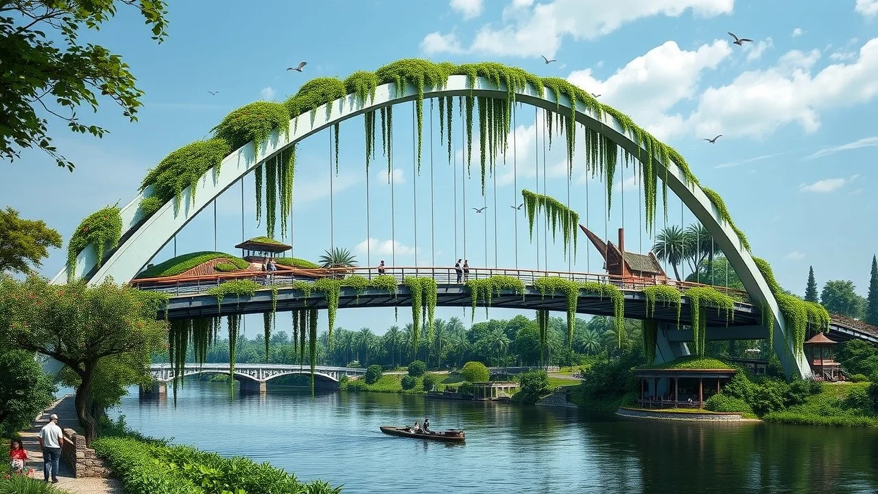 A stunning pedestrian bridge with large parabolic arches supporting the structure, gracefully rising above a river. The bridge incorporates floating gardens and hanging vines, which cascade from the arches, blending nature and mathematical precision. The elegant parabolic arcs create a sense of balance and harmony between the bridge and its natural surroundings. Award-winning photograph.