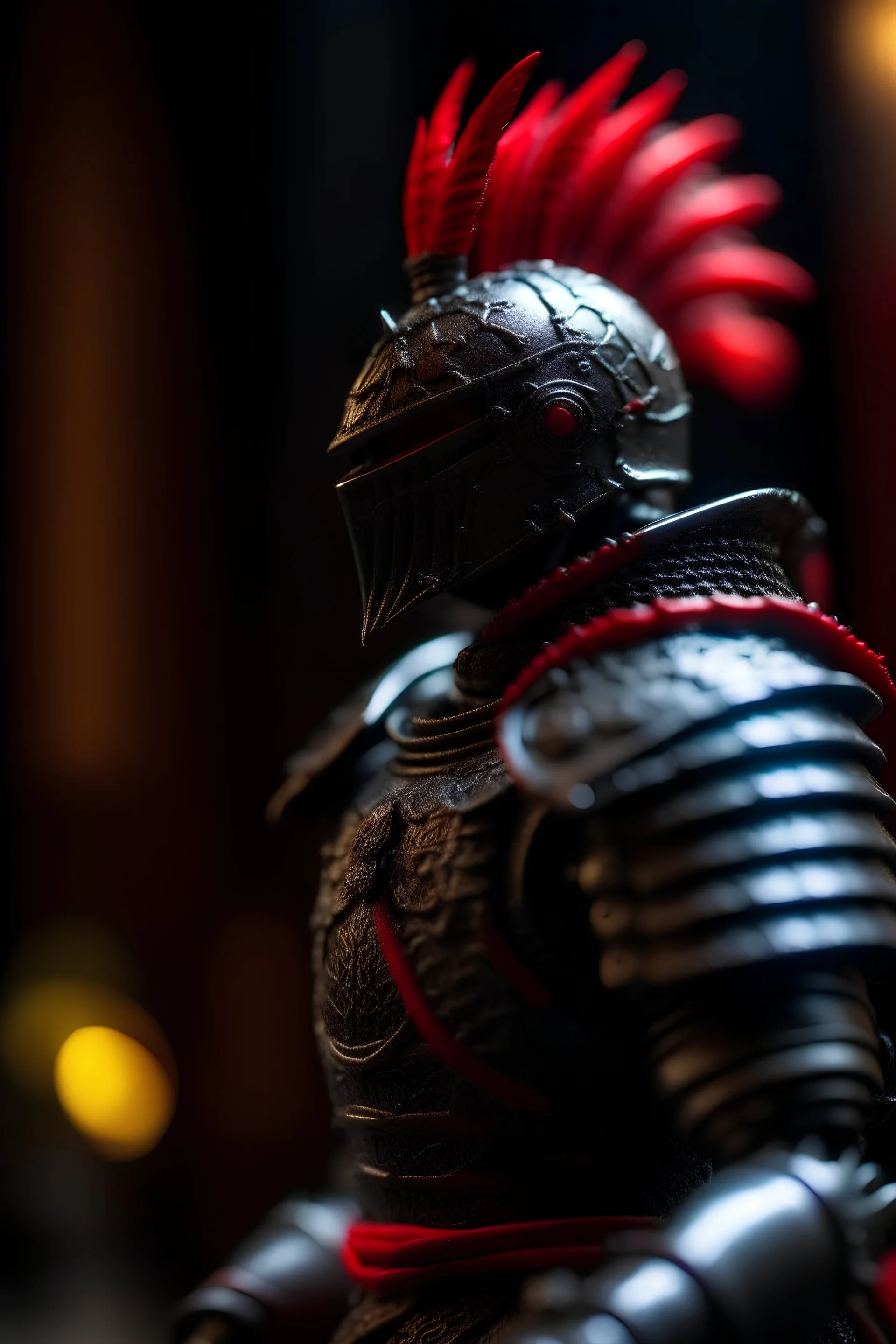 black knight with red feather wearing a glass prism as armor,shot on Hasselblad h6d-400c, zeiss prime lens, bokeh like f/0.8, tilt-shift lens 8k, high detail, smooth render, down-light, unreal engine, prize winning