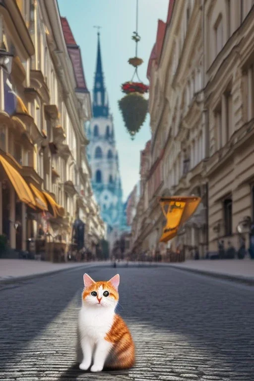 Small cat sitting in the foreground of street in Vienna Austria