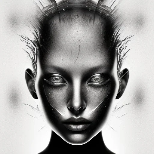 Silver on black paper portrait of female face of migraine, face distorted with pain, reverse colors, screaming, tears streaming from eyes, colorless, glitchcore, dystopian, horror, ultra realist texture, intricate line drawing,