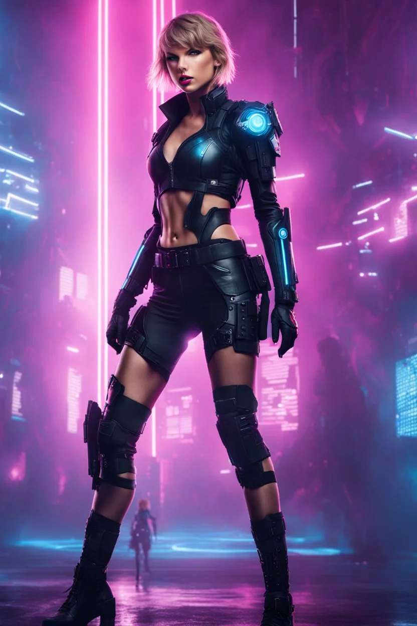 Full body image of a army cyberpunk cyborg beautiful Taylor Swift,lighting background