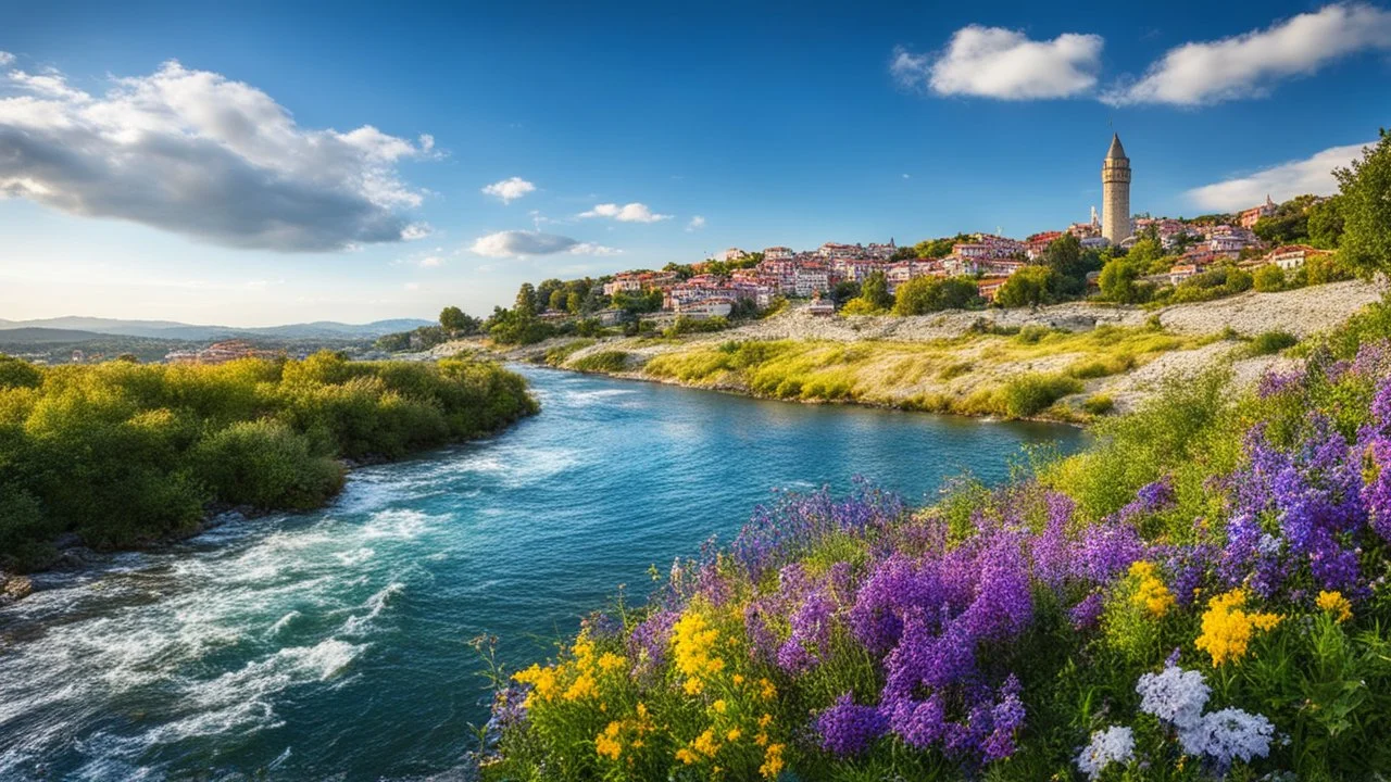 desktop wallpaper ,Turkey istanbul kus adasi,country side wavy rocky river ,wild flowers,blue sky nice clouds,