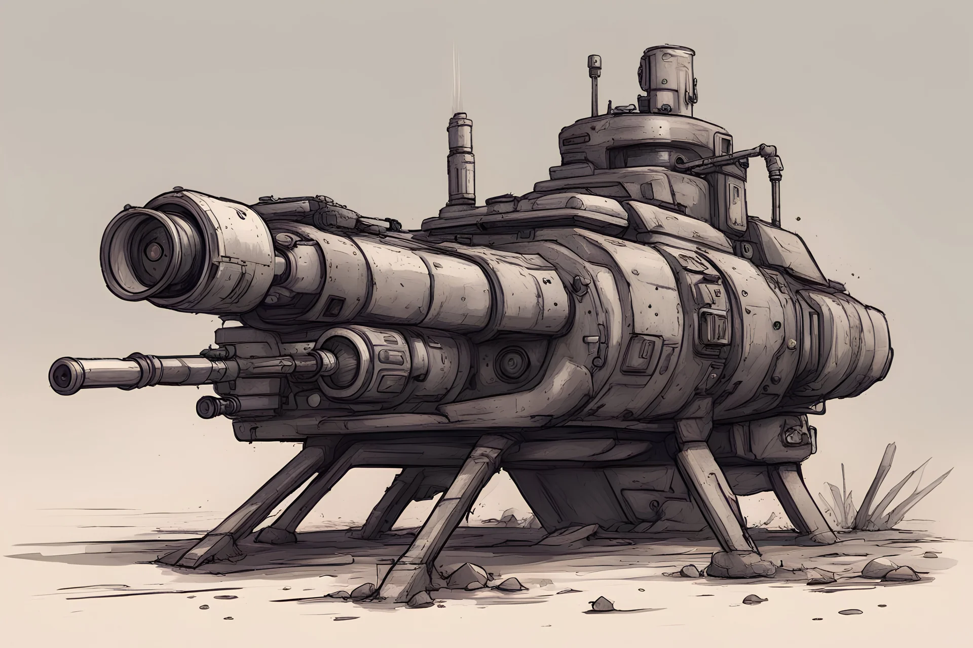 firethrower turret, post-apocalyptic, concept art, comic drawing style