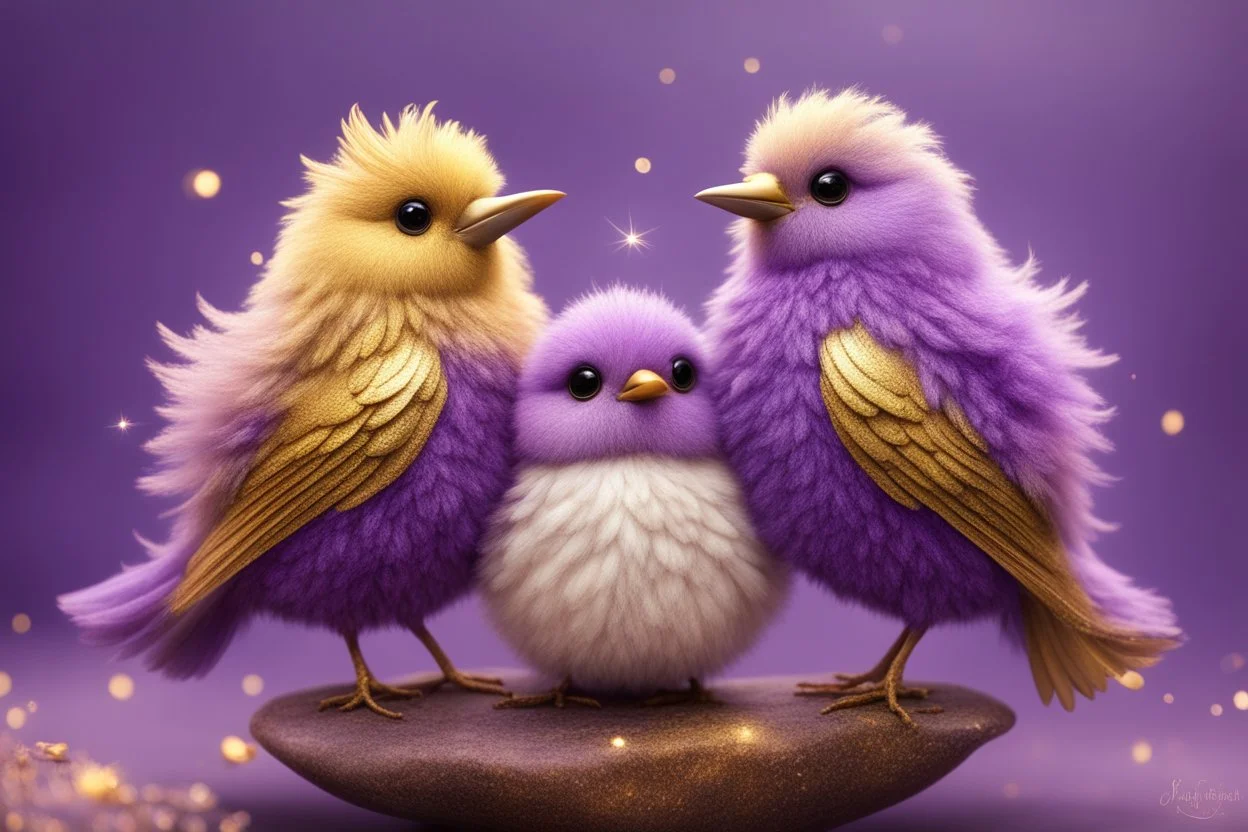 Very fluffy bird couple love, flora, in sparkling sunshine Weight:1 detailed matte painting Weight:0.9 in purple, golden glitters