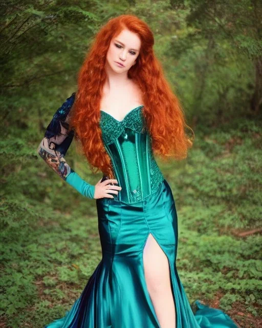 Magic princess with long auburn hair in a big teal green and gold satin ballgown corset off shoulder top casting magic
